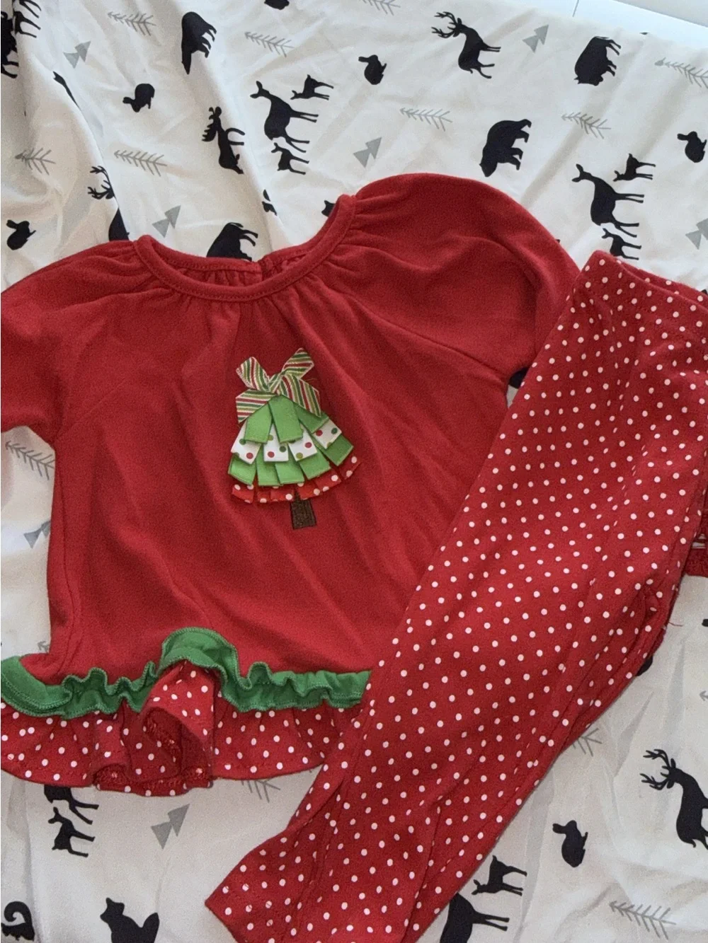 Girls Red Holiday Tree Appliqué Matching Set